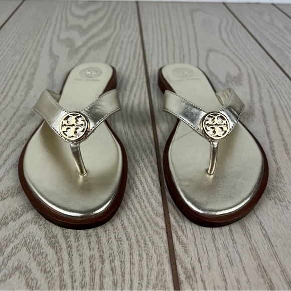 Tory Burch Benton Metallic Leather Thong Flip Flop Sandals 5M Spark Gold $249 - Picture 2 of 9